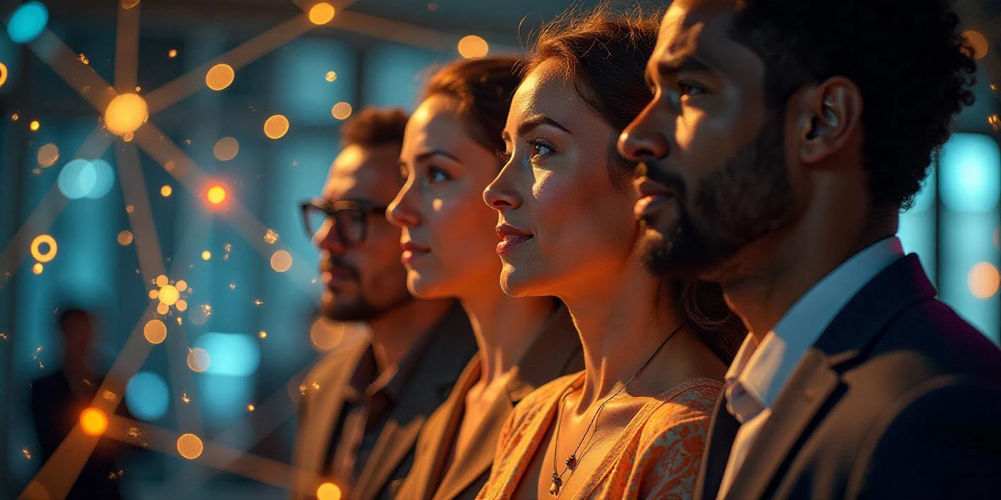 A focused group of professionals looking towards a futuristic display of interconnected digital nodes