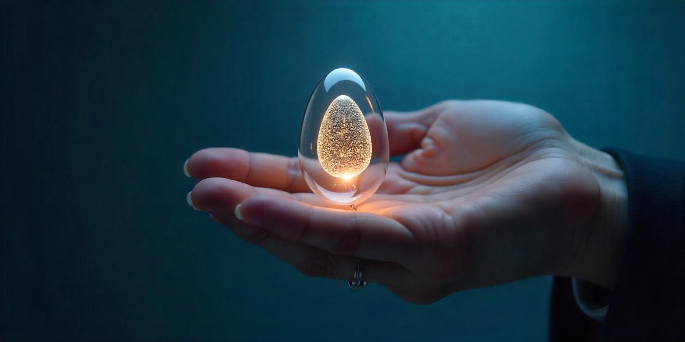 A hand holding a glowing futuristic egg-shaped object